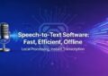 Modern microphone with sound waves transforming into digital text, representing offline speech-to-text transcription technology